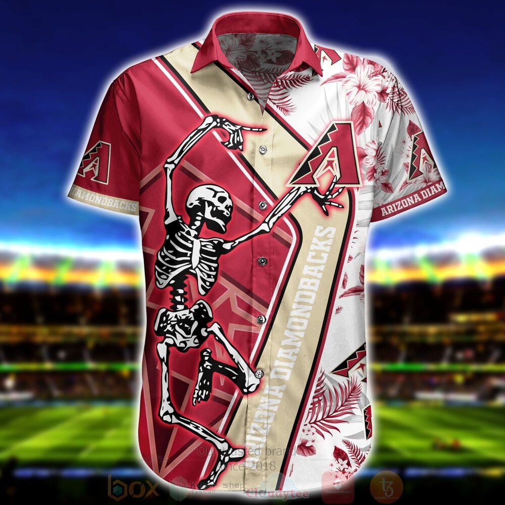 Mlb Arizona Diamondbacks Red Gold Dancing Skeleton Hawaiian Shirt