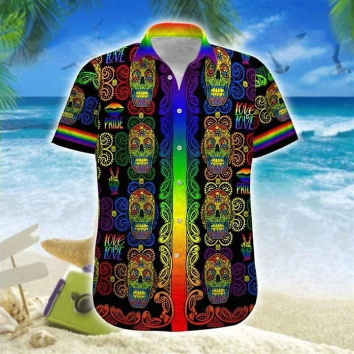 Beach Shirt Hawaii Shirt Lgbt Sugar Skull Love , Gay Pride Hawaiian Shirt