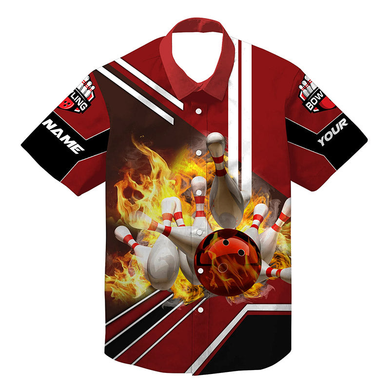 Personalized Hawaiian Bowling Shirts Flame Bowling Ball And Pins, Bowling Shirt For Men Bowlers Red