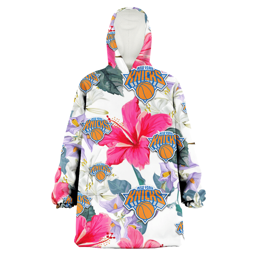 New York Knicks Pink Hibiscus White Orchid White Background 3D Printed Hoodie Blanket Snug Hoodie