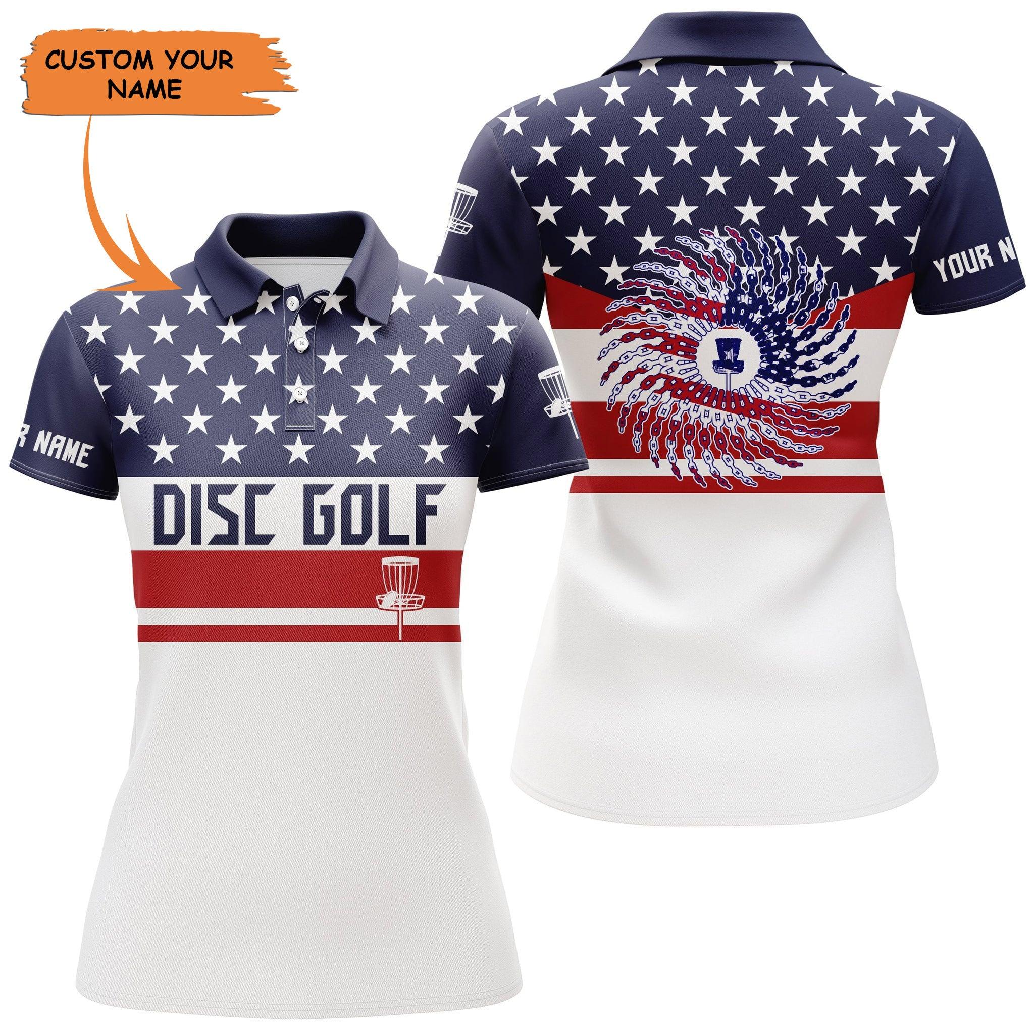 Wearzone Style Customized Name Disc Golf Women Polo Shirts, American Flag Patriot, Personalized Polo Shirt For Ladies - Perfect Polo Shirt For Disc Golf Lovers