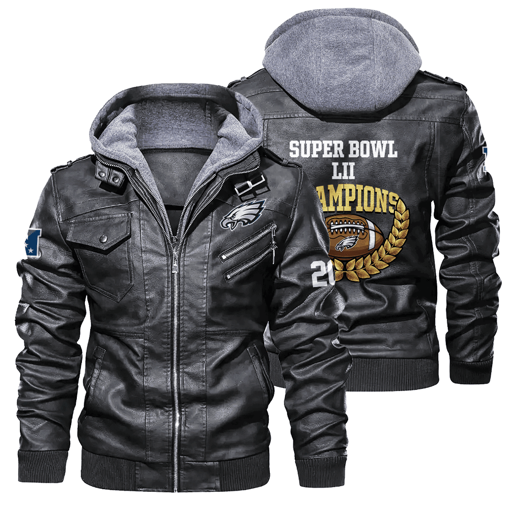 Philadelphia Eagles NFL Super Bowl LII Champions City Design Zip Black Leather Jacket With Hood