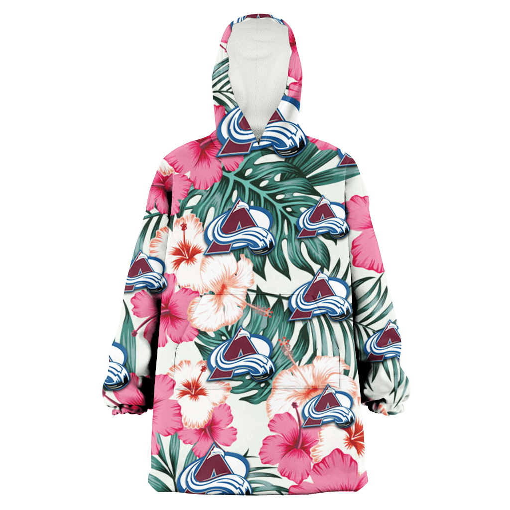 Colorado Avalanche Coral Pink Hibiscus Green Leaf Beige Background 3D Printed Hoodie Blanket Snug Hoodie