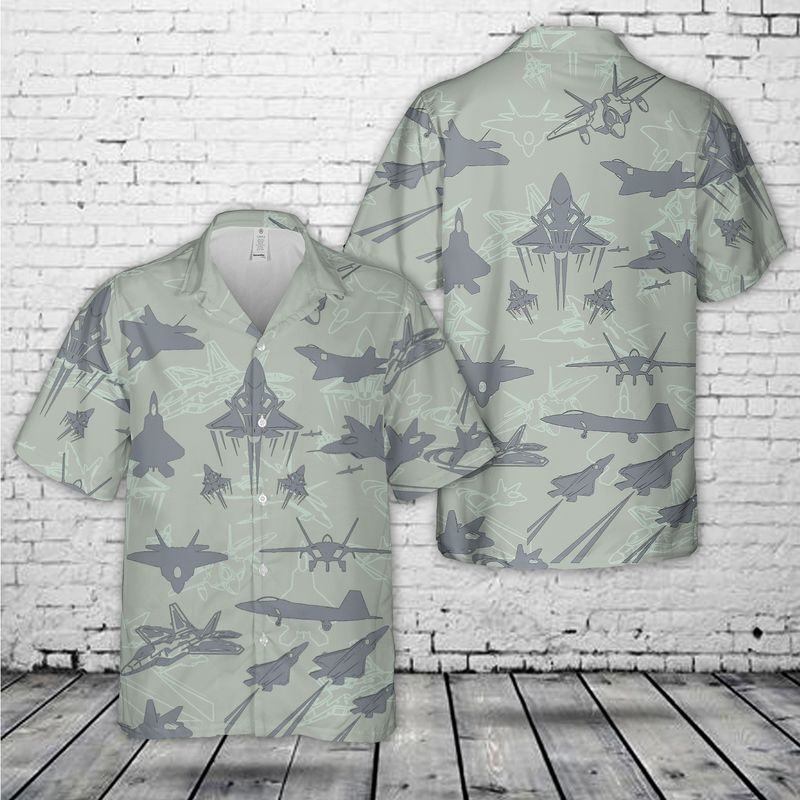 Us Air Force Lockheed Martin F-22 Raptor Aircraft Silhouettes Hawaiian Shirt