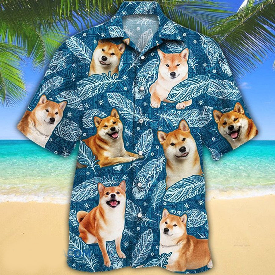 Shiba Inu Dog Lovers Blue Feather Hawaii Hawaiian Shirt