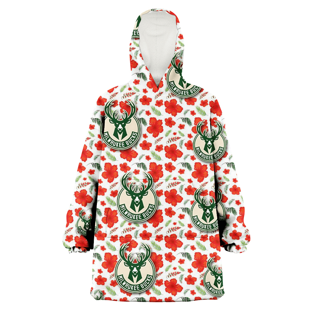 Milwaukee Bucks Tiny Red Hibiscus Green Leaf White Cube Background 3D Printed Hoodie Blanket Snug Hoodie