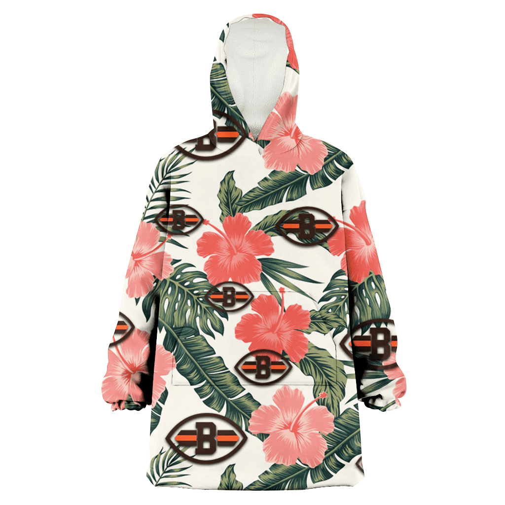 Cleveland Browns Pink Coral Hibiscus Banana Leaf Beige Background 3D Printed Hoodie Blanket Snug Hoodie