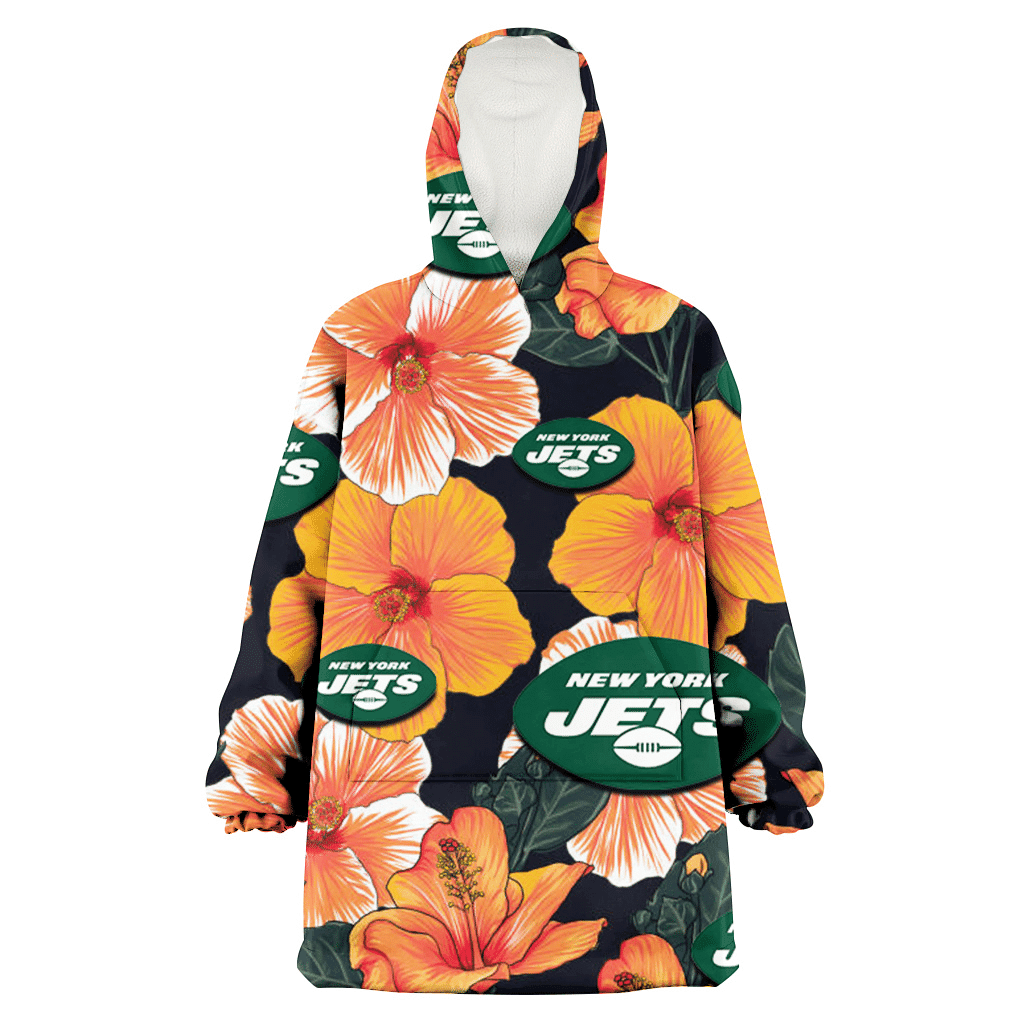 New York Jets Orange Hibiscus Dark Green Leaf Black Background 3D Printed Hoodie Blanket Snug Hoodie