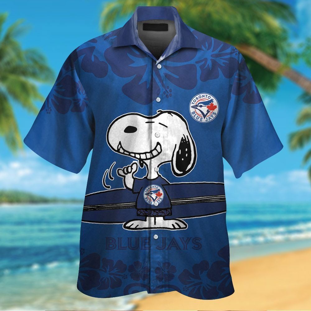 Toronto Blue Jays Snoopy Short Sleeve Button Up Tropical Hawaiian Shirt