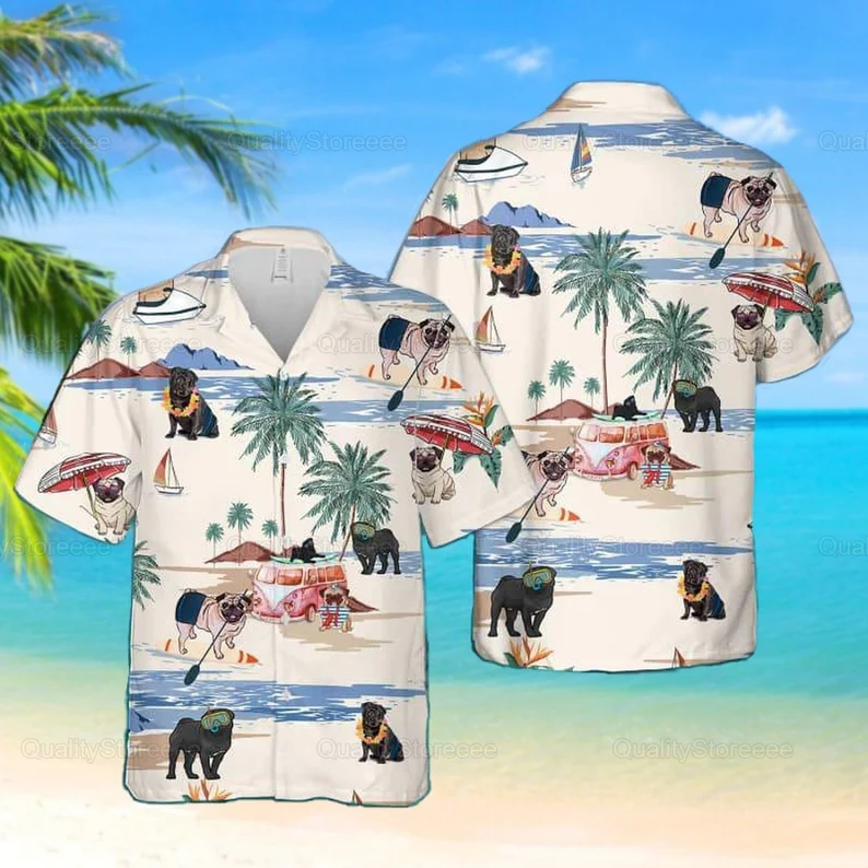 Pug Beach Summer Hawaiian Shirt, Pug Shirt, Pug Lover Beach Shirt, Dog Lover Shirts, Gift For Him, Gift For Her