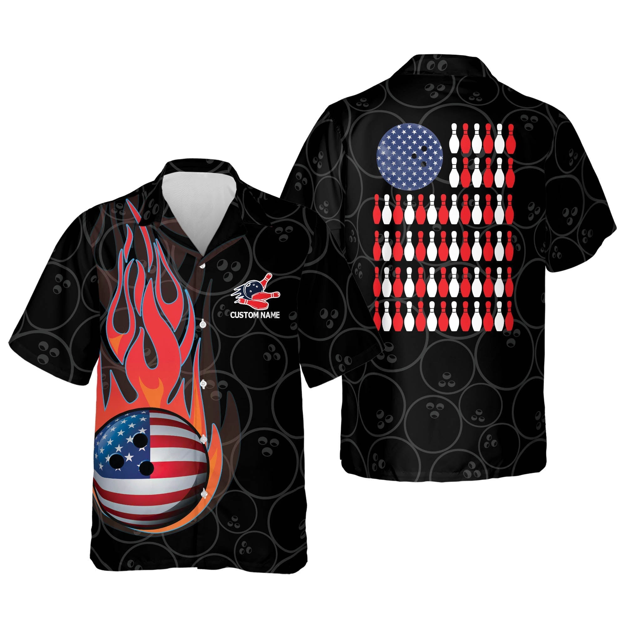 Personalized Name Skull Flame Hawaiian Bowling Shirts Button-Down Short Sleeve Shirts