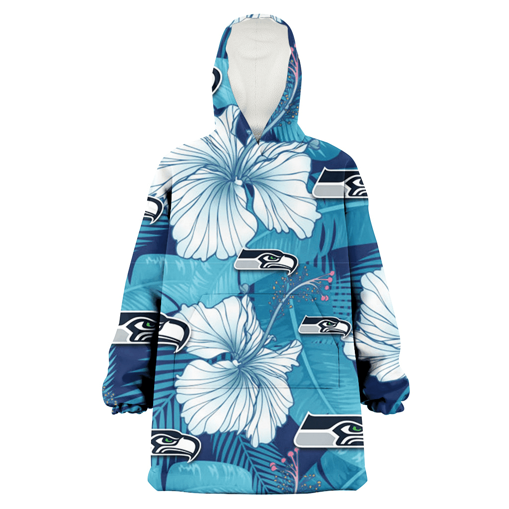 Seattle Seahawks White Hibiscus Turquoise Banana Leaf Navy Background 3D Printed Hoodie Blanket Snug Hoodie