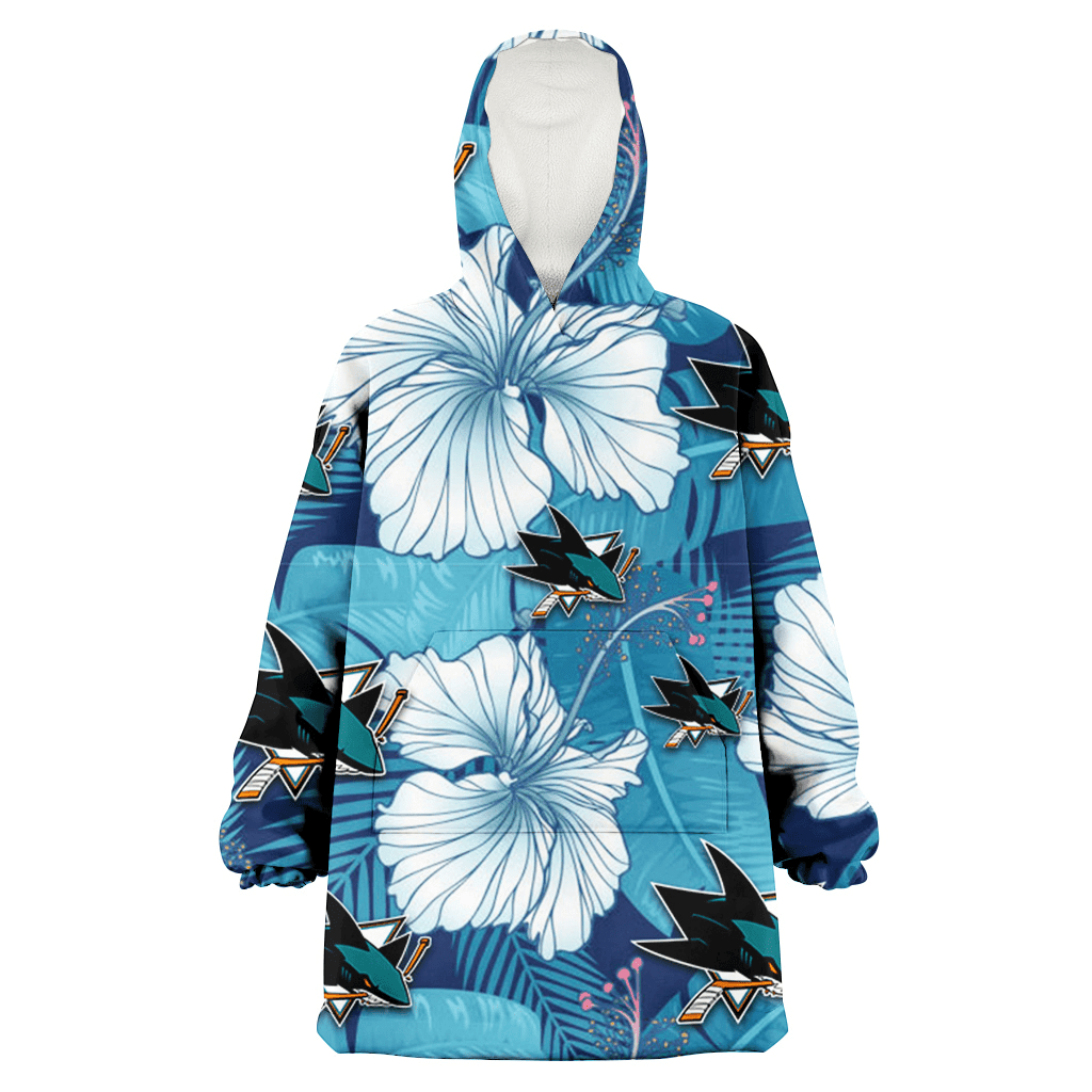 San Jose Sharks White Hibiscus Turquoise Banana Leaf Navy Background 3D Printed Hoodie Blanket Snug Hoodie