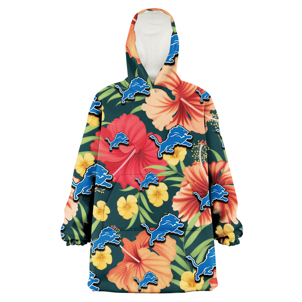 Detroit Lions Orange Red Hibiscus Green Leaf Dark Background 3D Printed Hoodie Blanket Snug Hoodie