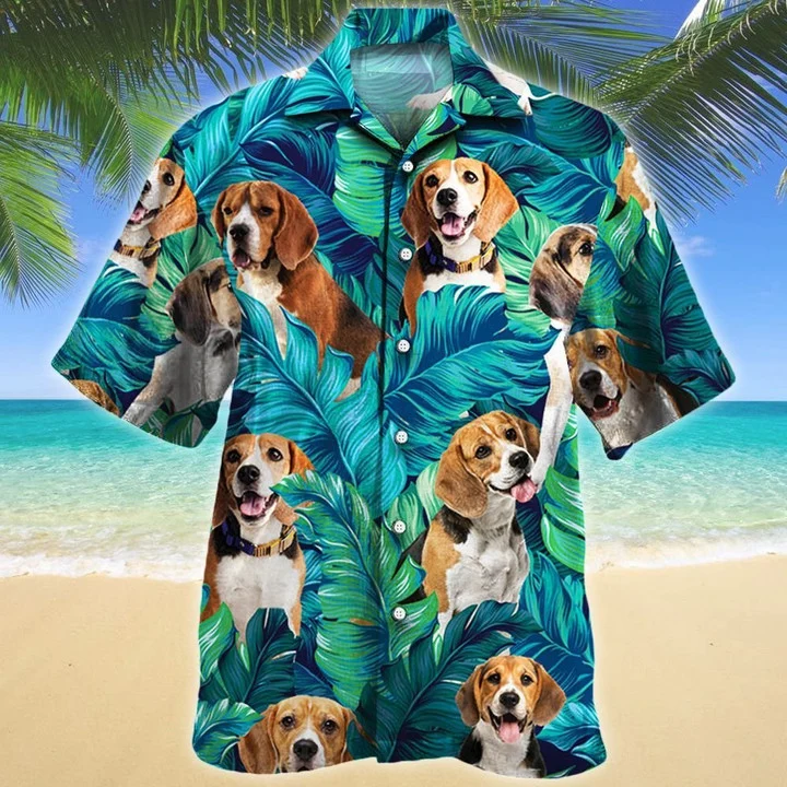 Beagle Dog Lovers Gift Summer Beach Palm Tree Pattern Hawaiian Shirt, Short Sleeve Hawaiian Shirt For Men