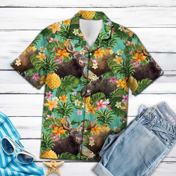 Tropical Pineapple With Moose Hawaiian Shirt