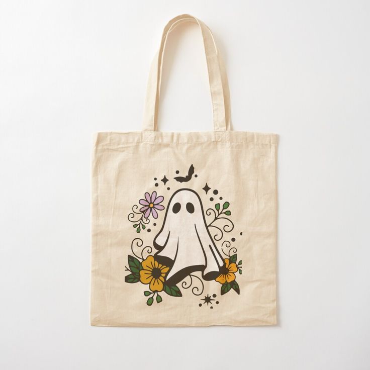 Sweet Ghost With Flowers Cotton Tote Bag, Best Tote Bags Ideas, Cute Tote Bags Ideas, Tote Bag Design Ideas, Girls Tote Bag, Best Canvas Tote Bags Ideas