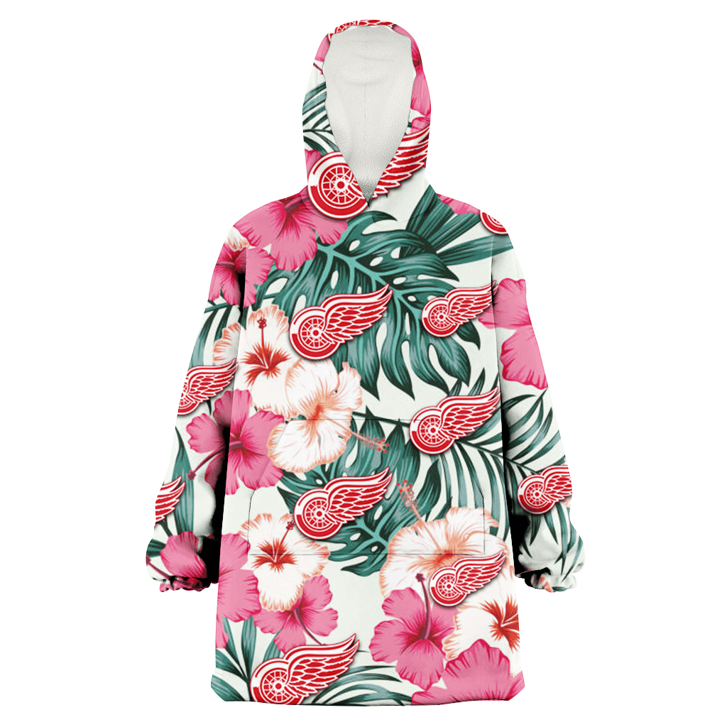 Detroit Red Wings Coral Pink Hibiscus Green Leaf Beige Background 3D Printed Hoodie Blanket Snug Hoodie