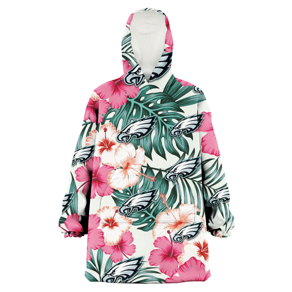 Philadelphia Eagles Coral Pink Hibiscus Green Leaf Beige Background 3D Printed Hoodie Blanket Snug Hoodie