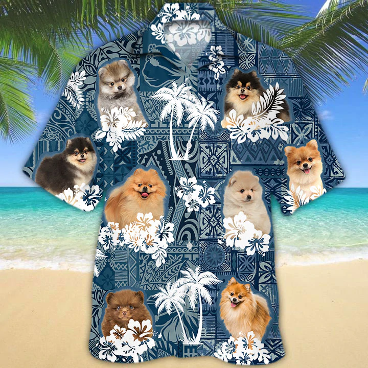 Pomeranian Hawaiian Shirt, Beach Floral Dog Short Sleeve Hawaiian Aloha Shirt, Summer Hawaiian Shirt For Men, Women