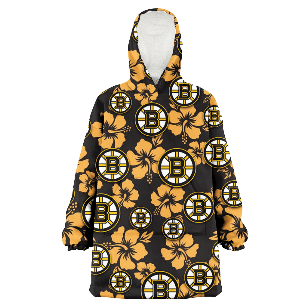 Boston Bruins Tiny Yellow Hibiscus Black Background 3D Printed Hoodie Blanket Snug Hoodie