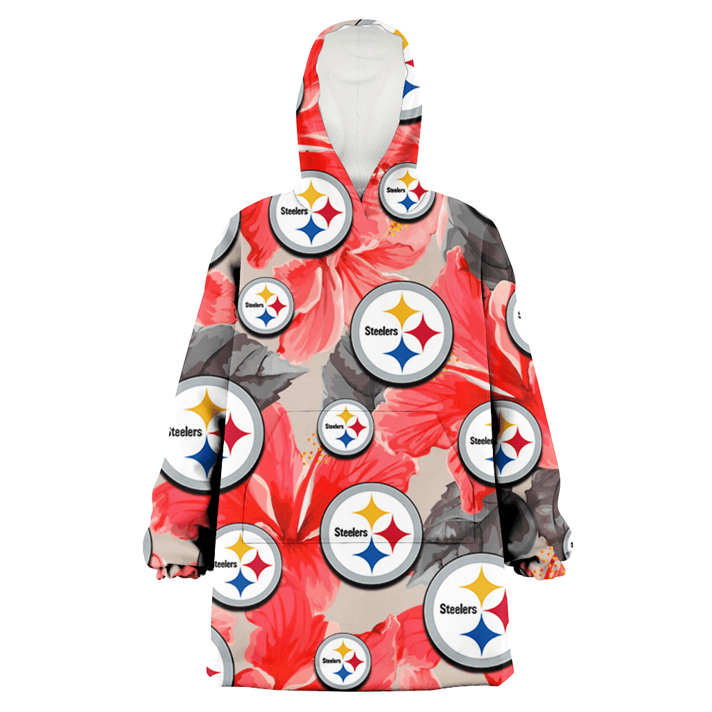 Pittsburgh Steelers Red Hibiscus Gray Leaf Gainsboro Background 3D Printed Hoodie Blanket Snug Hoodie