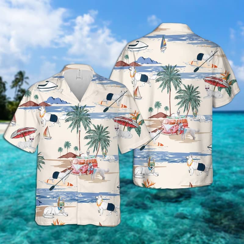 White Shepherd Summer Beach Hawaiian Shirt, Dog Beach Short Sleeve Hawaiian Shirt