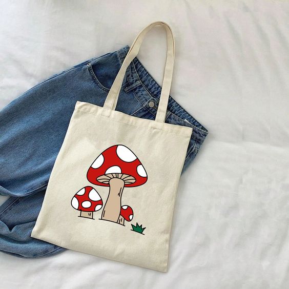 Mushroom Graphic Canvas Handbag, Trendy Canvas Shoulder Bag, Large Tote Bag Reusable Shopping Bag