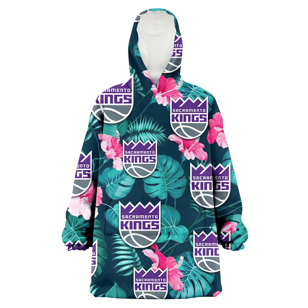 Sacramento Kings Pink Hibiscus Green Leaves Dark Background 3D Printed Hoodie Blanket Snug Hoodie