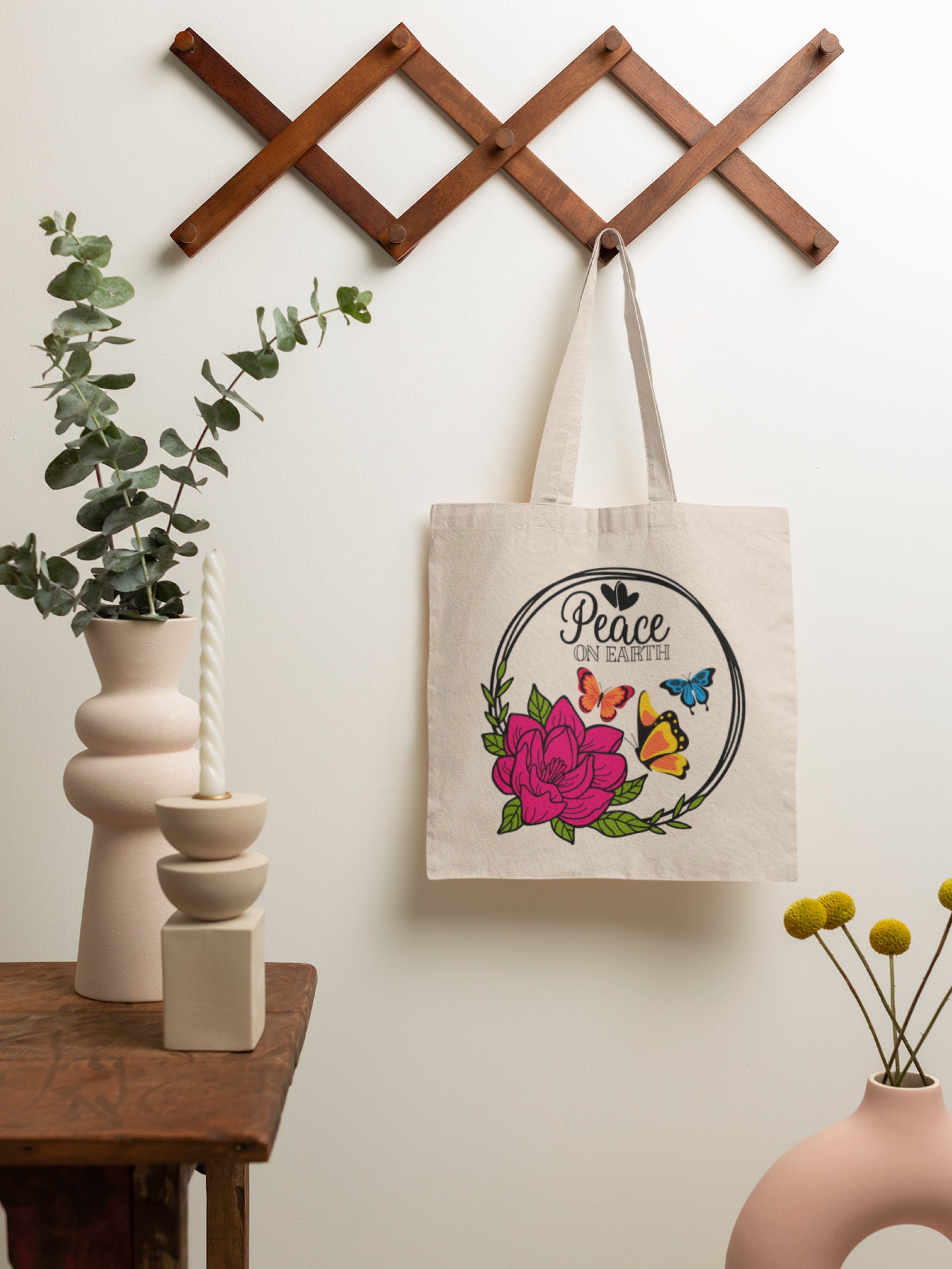 Peace Canvas Tote Bag | Peach on Earth Tote Bag | Boho Tote Bag | Sustainable Bag | Shopping Bag | School Bag | Gift Bag