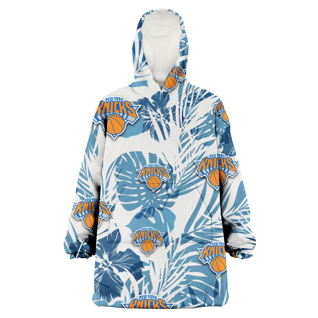 New York Knicks Hibiscus Balm Leaves Blue And White Background 3D Printed Hoodie Blanket Snug Hoodie