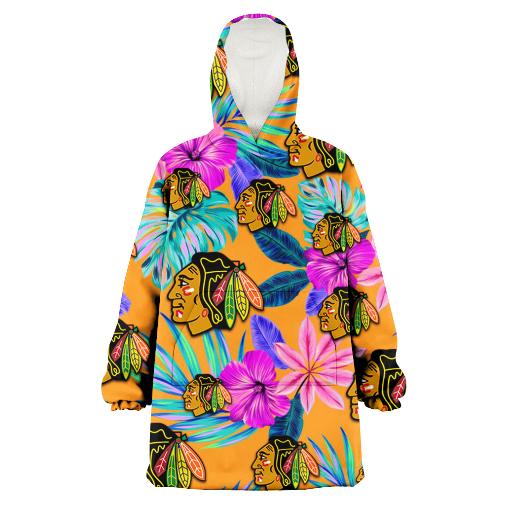 Chicago Blackhawks Purple Hibiscus Neon Leaf Orange Background 3D Printed Hoodie Blanket Snug Hoodie