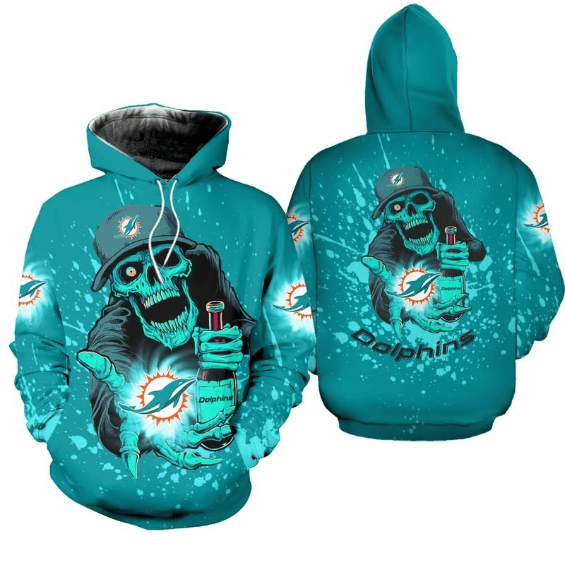 Miami Dolphins Hoodie Skull 3D Hoodie Zip Hoodie, Sports-Team 3D All Over Print Hoodie Zip Hoodie Aop Shirt
