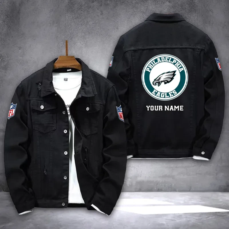 Philadelphia Eagles NFL Team Name Personalized Back Logo Black Denim Jacket