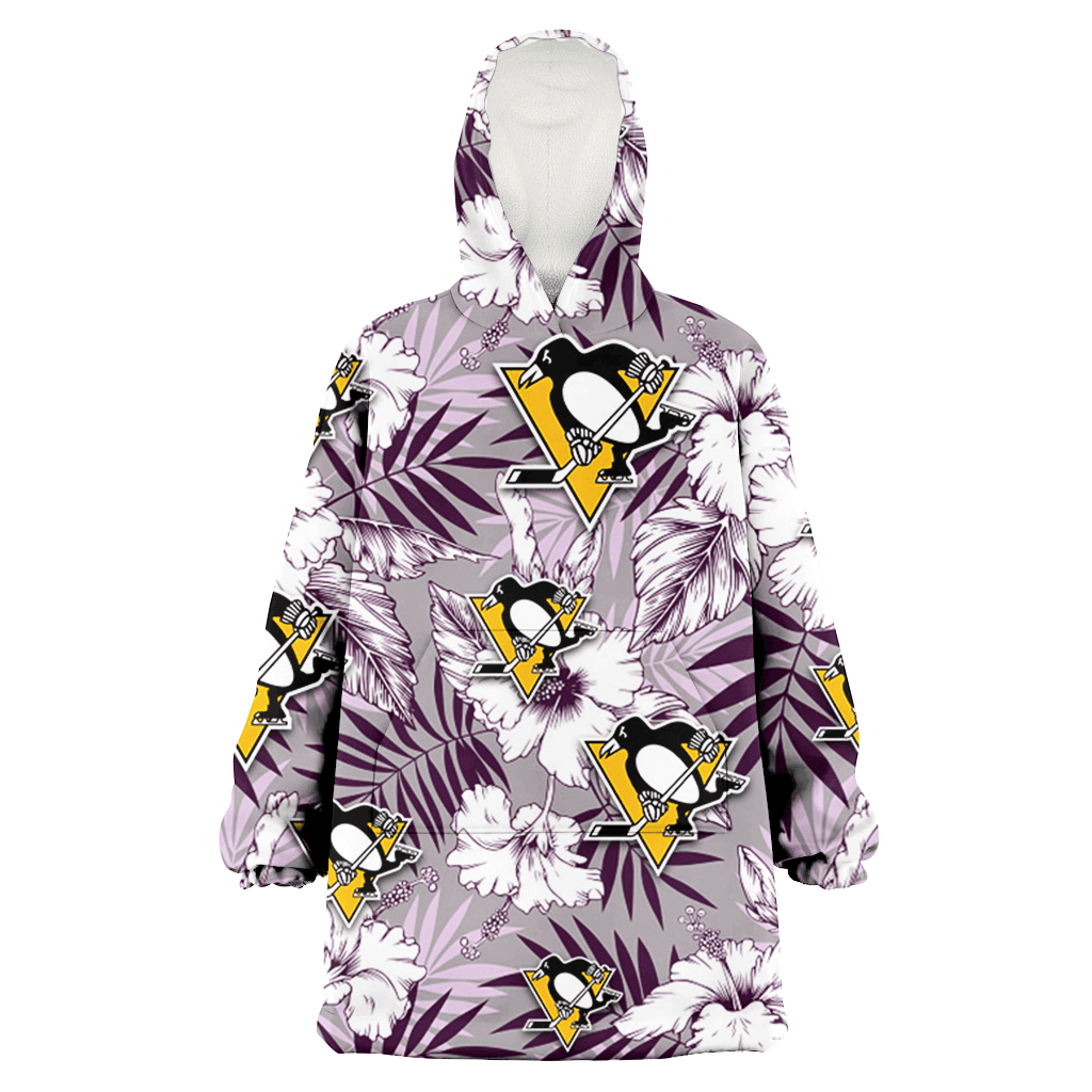 Pittsburgh Penguins White Hibiscus Violet Leaves Light Grey Background 3D Printed Hoodie Blanket Snug Hoodie