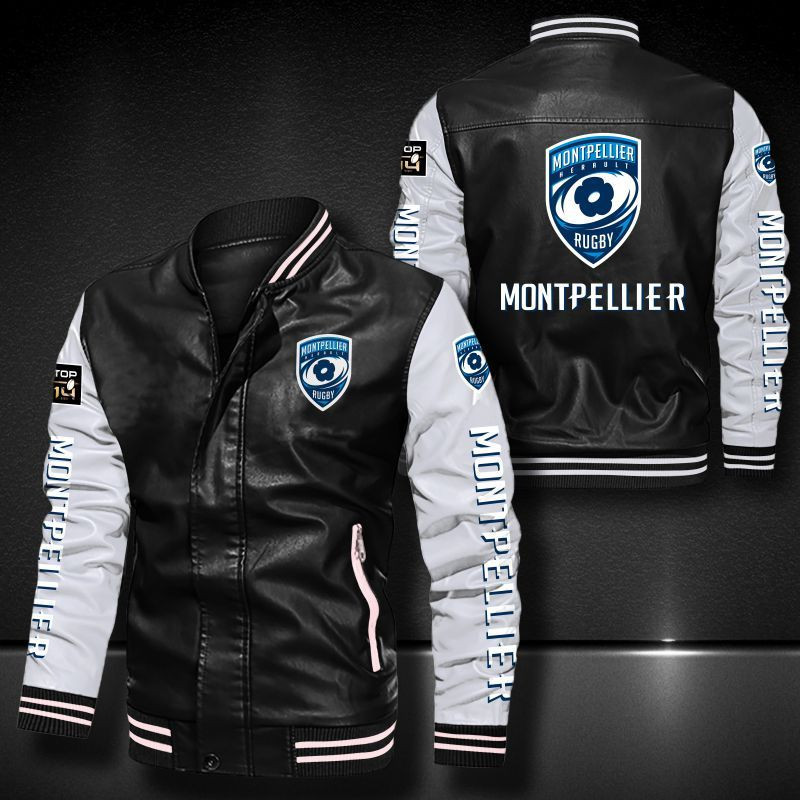 Montpellier Herault Rugby Leather Varsity Jacket Bomber Coat