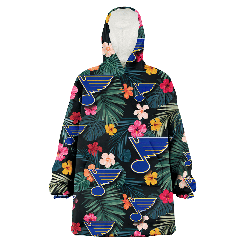 St. Louis Blues Pink Yellow Orange Hibiscus Big Tropical Leaf Black Background 3D Printed Hoodie Blanket Snug Hoodie