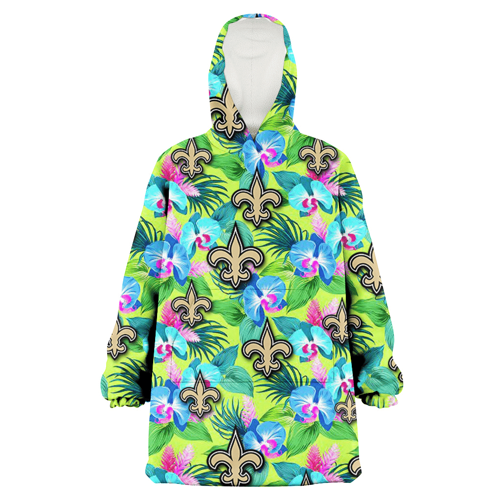 New Orleans Saints Blue Orchid Green Pink Leaf Green Background 3D Printed Hoodie Blanket Snug Hoodie