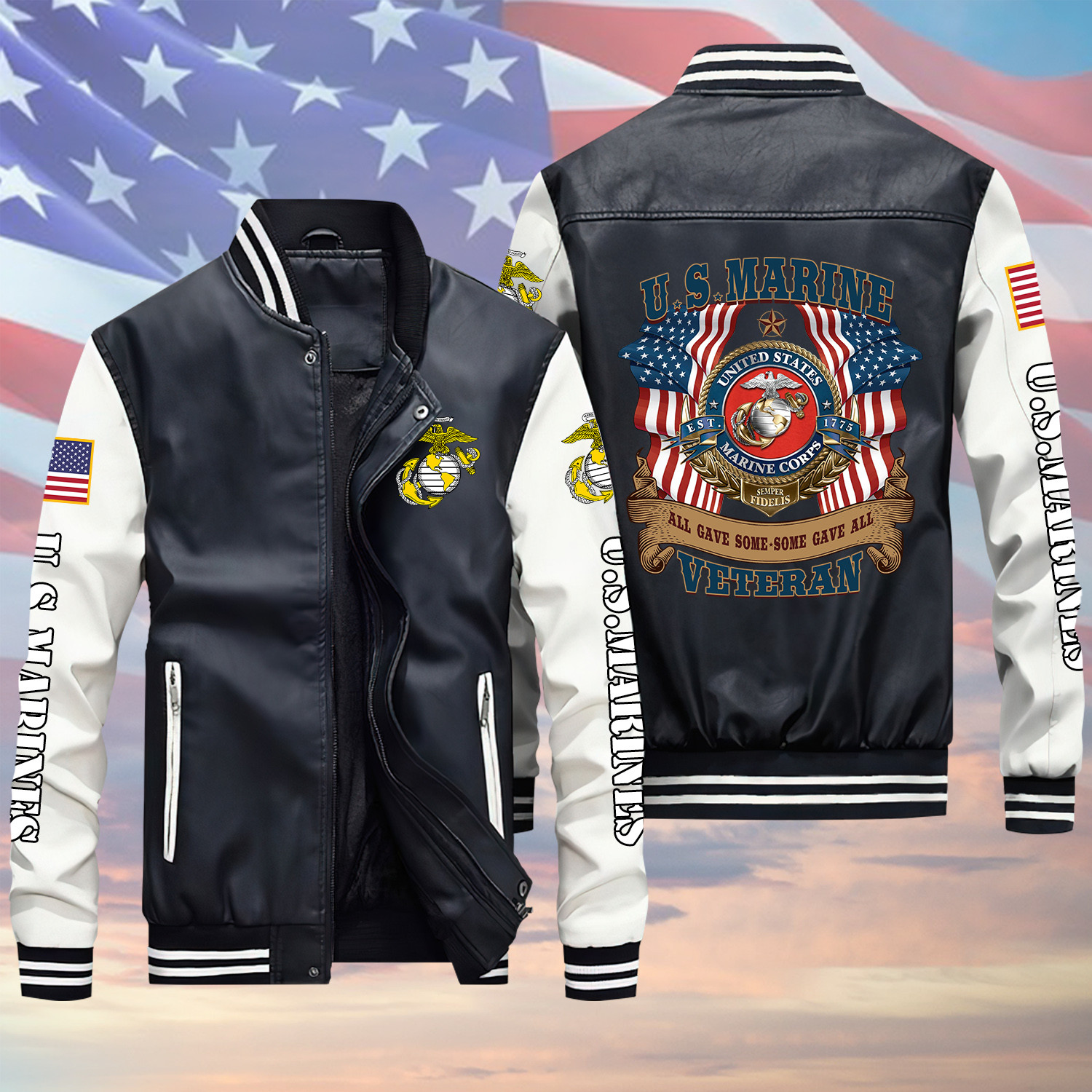 U.S Marine Veteran Proud American Flag Proud Black Winter Gear Leather Bomber Leterman Varsity Jacket