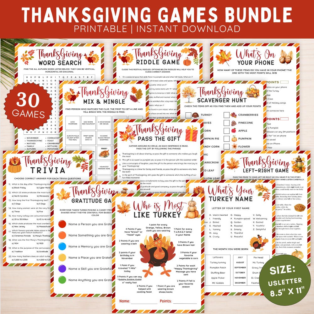 Thanksgiving Games Bundle Printable,Friendsgiving Party Game,Thanksgiving Trivia,Emoji Pictionary,Bingo Cards,Word Search,Scavenger Hunt Kid Cloudytee Realtorgift