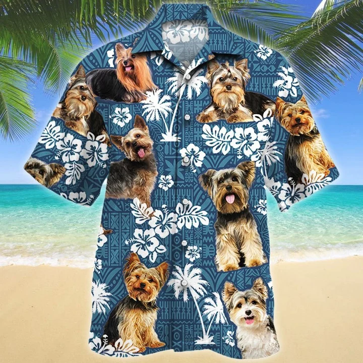 Yorkshire Terrier Dog Lovers Blue Tribal Pattern Hawaiian Shirt