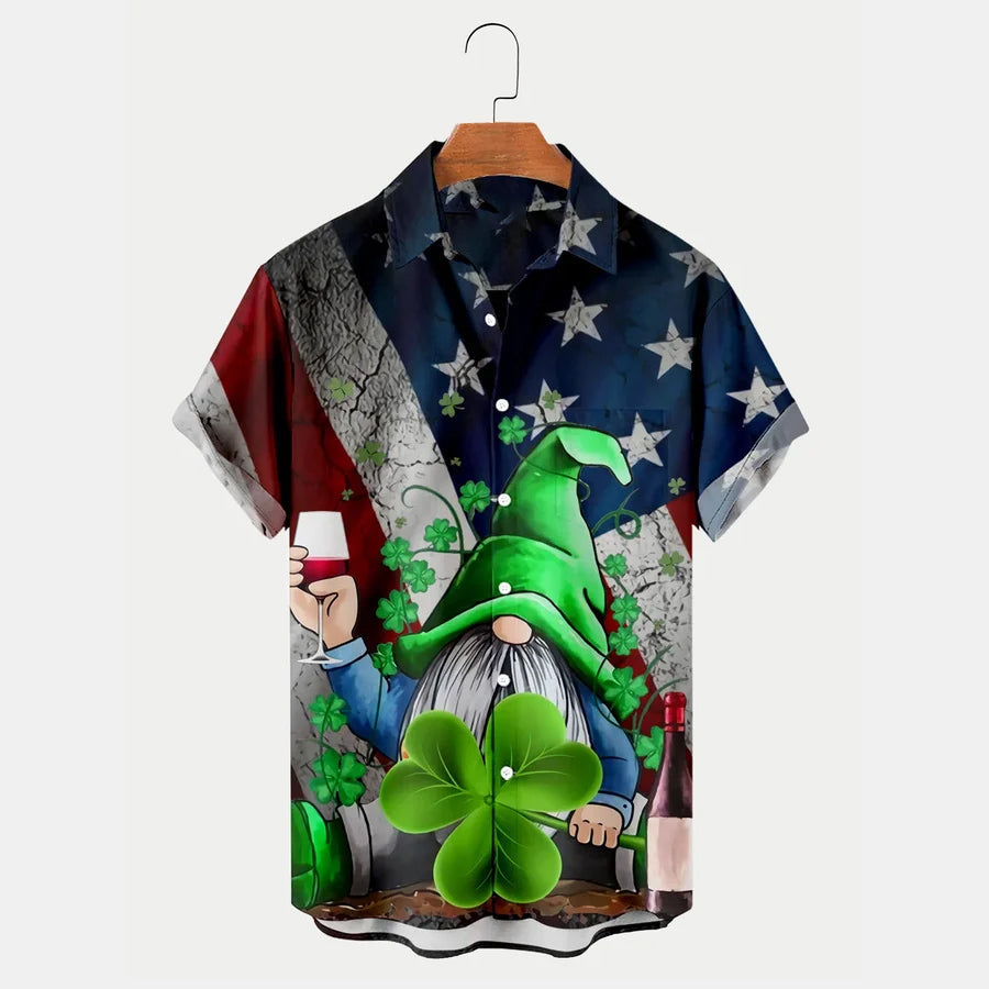 St. Patrick’S Gnome Shamrock American Flag Print Men’S Hawaiian Shirt