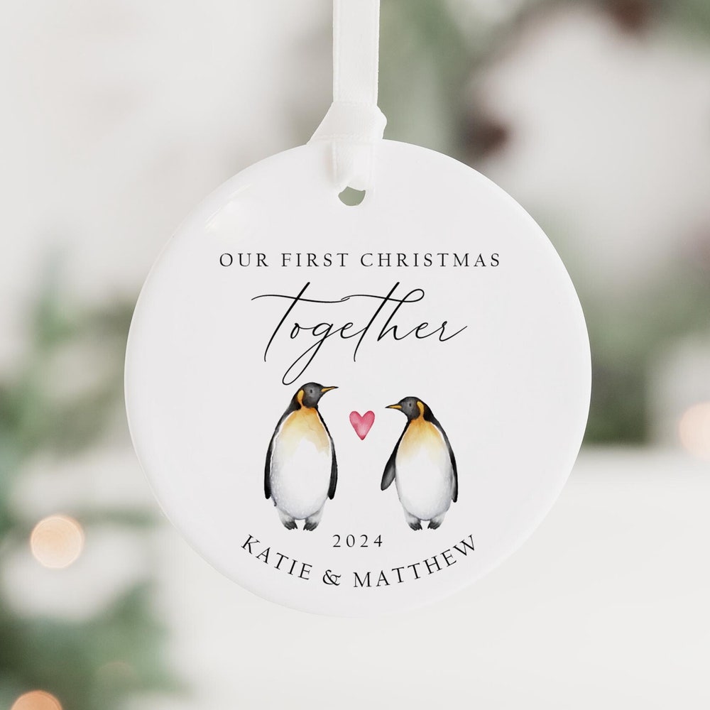 Personalised Our First Christmas Together Bauble | Ceramic Christmas Tree Decoration Gift Ornament | Couple Christmas Keepsake | Penguins Teegenius Livingtee