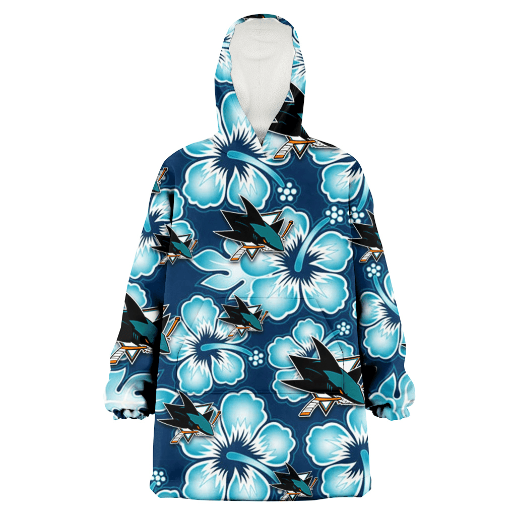 San Jose Sharks Dark Turquoise Hibiscus Navy Background 3D Printed Hoodie Blanket Snug Hoodie