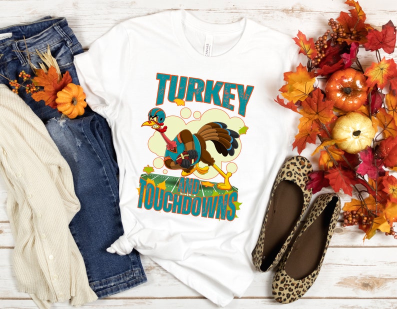 Miami Dolphins Shirt Thanksgiving Shirt Turkey And Touchdowns Football Shirt Thanksgiving Shirt Thanksgiving Party Shirt Game Day Shirt Fashion24Hs