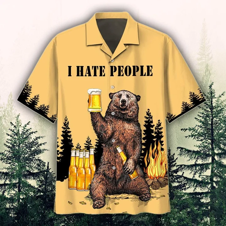 Bear Drinking Beer Summer Hawaiian Shirt, I Hate People Beer With Mug Beer Gold Theme Hawaiian Shirt