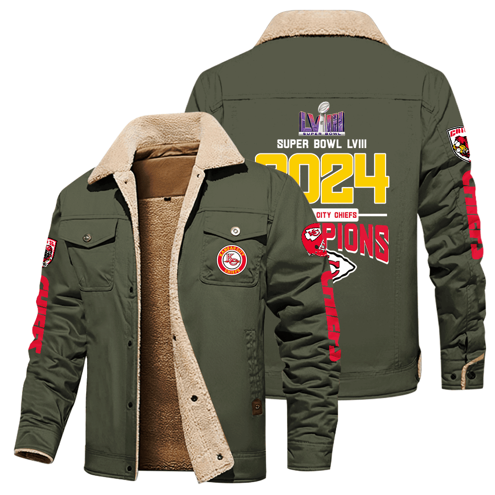 Kansas City Chiefs NFL Division Super Bowl LVIII 2024 Champions Green Stand Collar Jacket