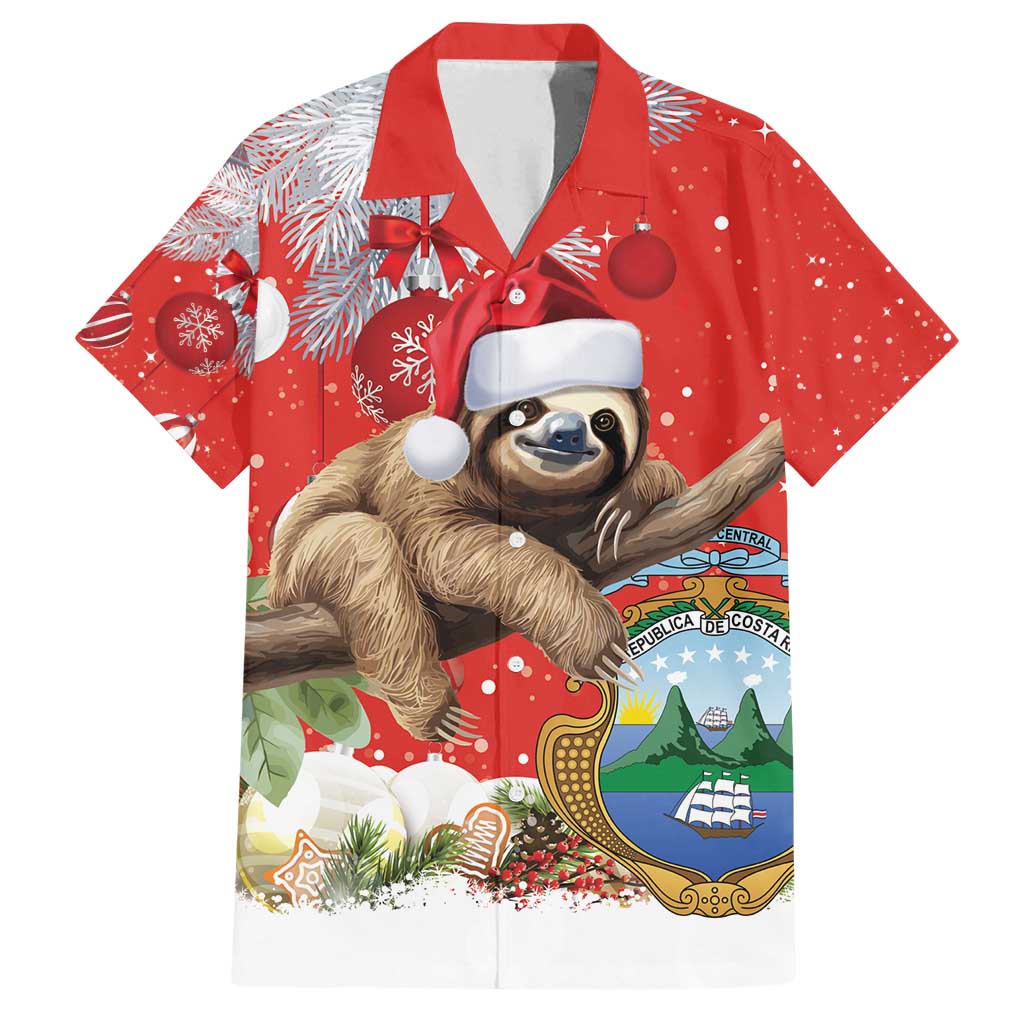 Coolprintshirt - Graphic Tee - Christmas Costa Rica Family Matching Off Shoulder Short Dress And Hawaiian Shirt A Cheerful Sloth Wearing A Santa Hat Lt18