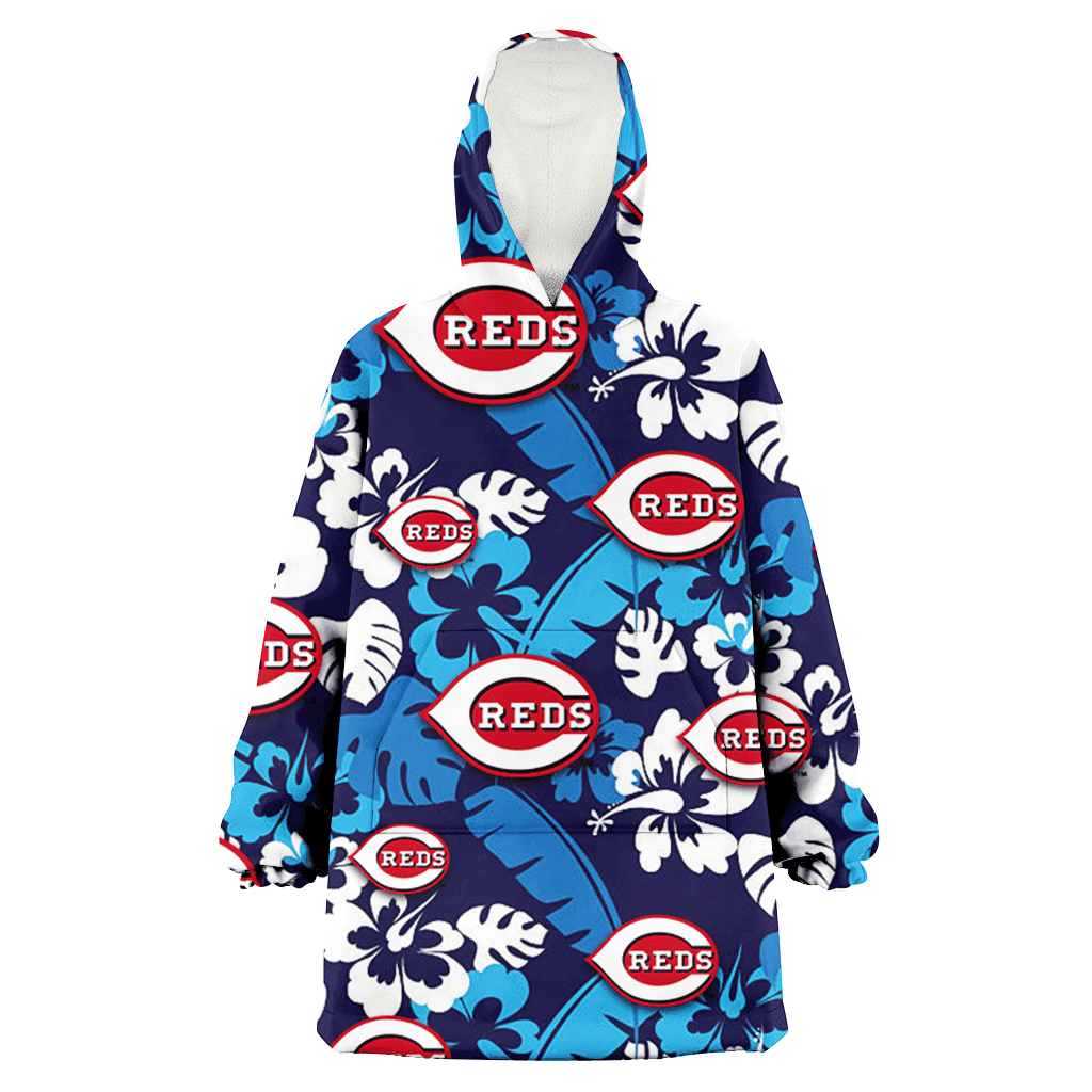 Cincinnati Reds Light Blue Hibiscus Banana Leaf Navy Background 3D Printed Hoodie Blanket Snug Hoodie