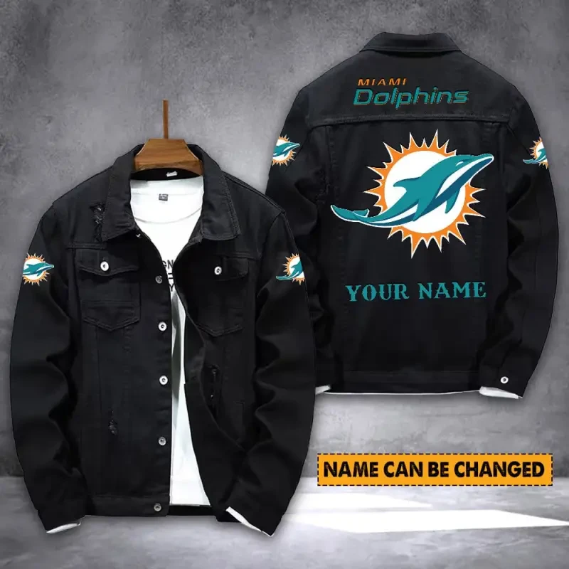 Miami Dolphins NFL Team Name Personalized Back Sleeve Logo Black Huge Pattern Denim Jacket